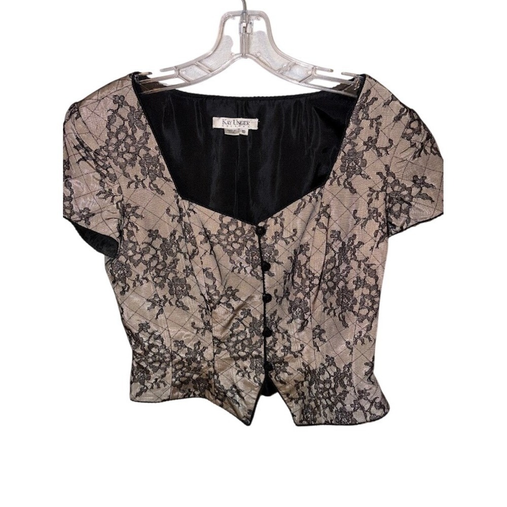 Kay Unger Evening Black Lace Champagne Satin Cropped Jacket Short Sleeve Size 10